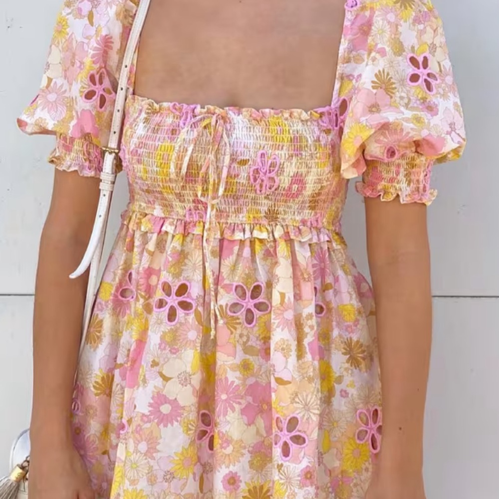 For Love And Lemons Pink and Yellow Smocked Dress